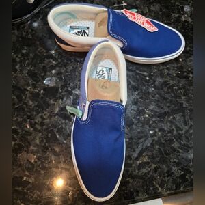 New Never Worn Vans Men's Blue and White Slip-On Sneakers